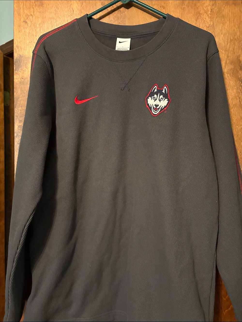 Nike Men's Charcoal Crewneck Sweater with Red Logo Accents
